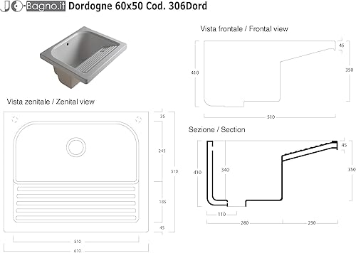 VASCA LAVATOIO da Incasso 60x50 con STRIZZATOIO Integrato, in Ceramica Bianca con KIT SIFONERIA Incluso - Honorern