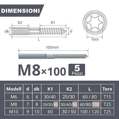 Vite a Doppio Filetto M8x100, Viti Prigioniere, Filettatura Doppia M8, in Acciaio Inox, Vite Per Legno, Viti Filettate, Tasselli - Honorern