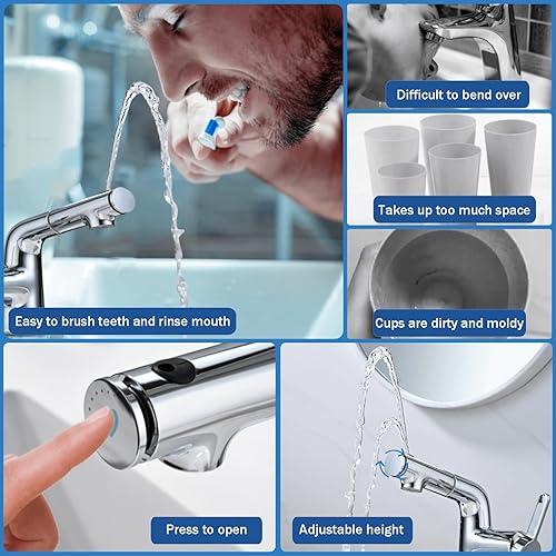 Rubinetto Bagno con Doccetta Estraibile a 2 Modalità, Rubinetto per Lavabo con Getto Superiore per Lavarsi i denti e il viso, Cromato Miscelatore Monocomando, Aeratore Rimovibile, Argento - Honorern