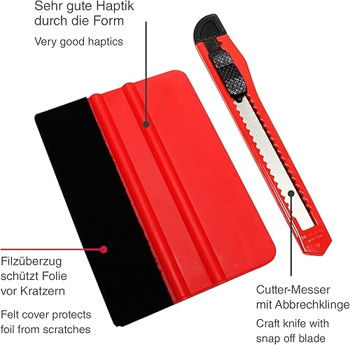 GARDINIA Set spatola + taglierina per pellicola per finestre, 10 x 7 cm (spatola), plastica/metallo, rosso - Honorern