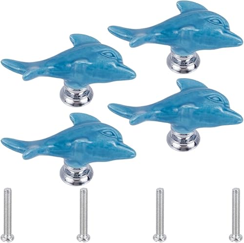4 Set di Pomelli per Mobili in Ceramica A Forma di Stella Marina, Tema Animali Marini, Stile Cartone Animato, Blu, Fatti A Mano, con Vite in Lega di Zinco per Armadi, Cucina, Casa - Honorern