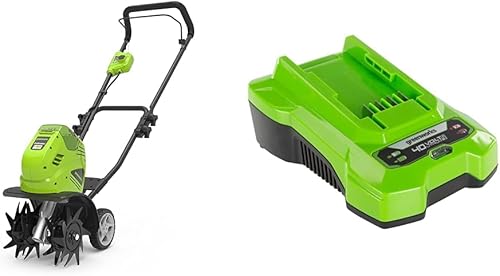 Greenworks Motozappa a batteria G40TL, Li-Ion 40V con 4 lame appositamente temprate profondità di lavoro 20 cm & Caricabatteria rapido G40C - Honorern
