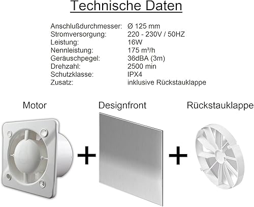 Ventilatore da bagno in acciaio inox, Ø 125 mm, con sensore di umidità, timer di ristagno e valvola di ritorno, ventilatore anteriore da parete, ventilatore da incasso, ventilatore da bagno, - Honorern