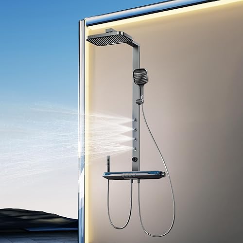Colonna Doccia Termostatico 5 Funzioni Display Digitale LED Set Colonna Doccia Con Soffione Doccia A Pioggia, Doccetta, Bidet, Rubinetto a cascata per vasca, 4 spray per la schiena（Grigio） - Honorern
