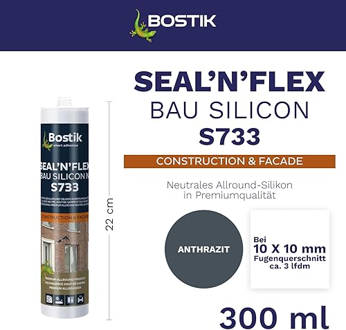 BOSTIK S733 Seal´n´Flex Costruzione silicone antracite – Silicone universale neutro, resistente alla muffa, elastico permanente, adatto per interni ed esterni, 300 ml - Honorern