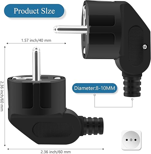 Spina Schuko, spina 250 V, spina di alimentazione con scarico della trazione, spina con contatto di protezione con manicotto antipiega, resistente agli spruzzi d'acqua e durevole, IP20, infrangibile - Honorern