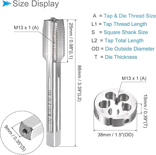 Set Rubinetti e Matrici, M13 x 1 Filettatura, Metrico Acciaio Alta Velocità Macchina Rubinetto per Vite & Kit Utensili per Stampi Tondi - (per Riparazione), 1 set - Honorern