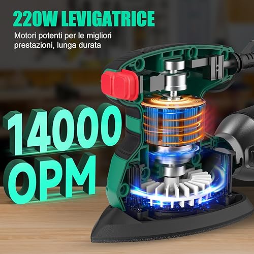 SORAKO Levigatrice Per Legno, 220W 14000 OPM Levigatrice Con Sacchetto Raccoglipolvere E 16 Fogli Di Carta Abrasiva, Ideale Per Levigare Superfici In Legno E Acciaio In Spazi Ristretti - Honorern