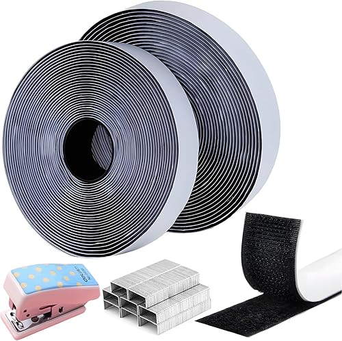 Nastro con Gancio e Anello 8m x 20mm Nastro Biadesivo per Tessuti Rete con Mini Pinzatrice e Pinze per Insetti per Finestre e Accessori per Zanzariere Tappeto da Scivolare Nero - Honorern