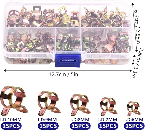 75 Pezzi Fascette Metalliche, Fascette Stringitubo, Fascette Metalliche Stringitubo, Morsetti a Molla, Morsetti per Tubo Acqua, Morsetti per Tubo Carburante, 5 Misure (6-10 mm) - Honorern
