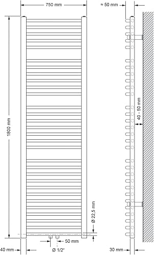 Radiatore da Bagno Sahara 500x800 mm Cromato Diritto Termosifone con Attacco Centrale Calorifero di Design Scaldasalviette Riscaldamento per Bagno Termoarredo per Salotto - Honorern