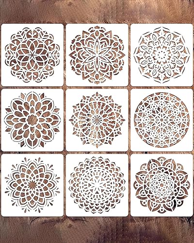 9 Pezzi Grande Mandala Stencils Pittura, DIY Mandala Pittura Template Stencil, Riutilizzabile Pittura Stencil Set, per Fai Da Te Tegola Legna Tela Parete Cuscini Decorazioni - Honorern