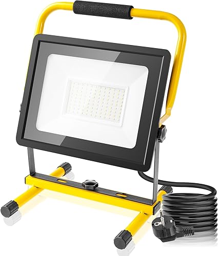 Faretto LED da Cantiere 100W,Faretto LED Portatile con Cavo di Alimentazione da 300cm e Spina,6500K Bianco Lampada LED Esterni,Faro Luce LED Portatile Impermeabile IP66 per Garage, Giardino, Cantiere - Honorern