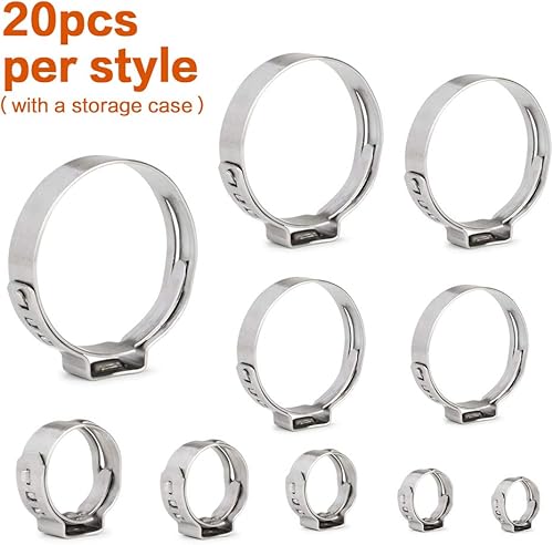 Outigu 200 fascette stringitubo singolo in acciaio inox 304: kit assortito con 10 misure (7-21 mm) per tubi dell'acqua, idraulici e uso automobilistico - Honorern