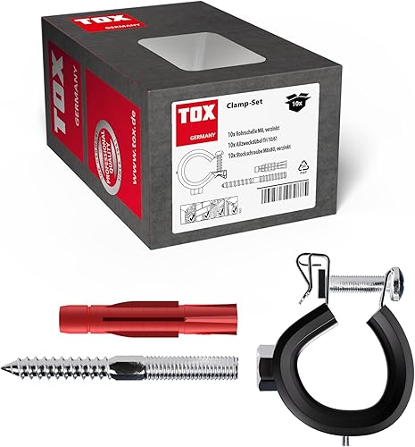 TOX Set di morsetti per tubazioni, morsetto articolato per tubi da 32-35 mm (1 pollice) M8, tappo universale TRI 10/61 e vite prigioniera M8x80 con azionamento TX, 10 pezzi, 089101103 - Honorern