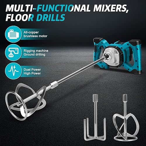 Agitatore per malta a batteria, compatibile con batteria Makita, 3200 W, senza brushless, mescolatore per calcestruzzo, con 2 aste di miscelazione (trasmissione a 6 marce, max 680r/min, senza - Honorern