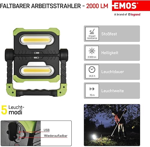 EMOS LED Pieghevole, Luce da Lavoro Girevole a 360° con Supporto, Super Luminoso 2000 lm Faro Portatile a Batteria per l’edilizia, Ricaricabile USB 8000 mAh, Portata 70 m, Verde/Nero - Honorern