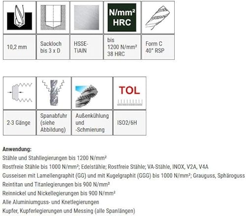 Baer - Maschio filettato M12 HSSE TiAIN forma D 40° RSP, filettatura M 12 x 1,75, DIN 376, filettatura per foro cieco, versatile, di alta qualità - Honorern