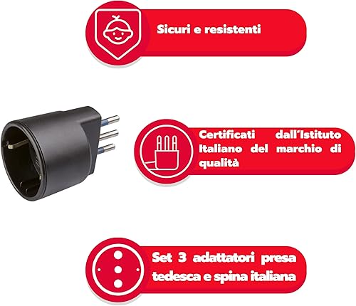 POLYPOOL | Presa Schuko Adattatore Presa Tedesca Spina 10A 2P+T e Presa 10-16A 2P+T (Standard Italiano 10A e Tedesco 16A con Terra Laterale) - 3 Adattatori Neri - PP0433.13 - Honorern