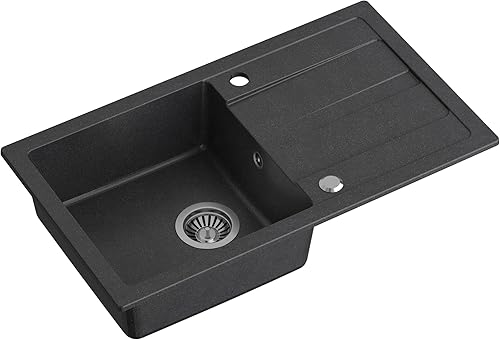 Lavello da cucina in granito | dimensioni 77 x 44 x 17,6 cm Nero | Lavello GO MAX in granito Lavello a vasca singola | Lavello da incasso con rubinetto da cucina - Honorern