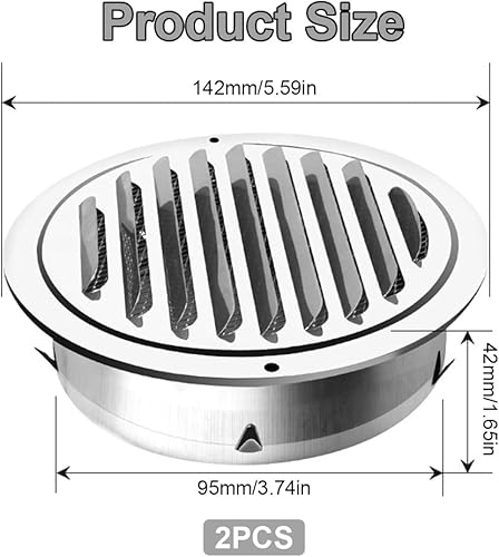 2 Pezzi Griglia Ventilazione Rotondo in Acciaio Inossidabile, Griglia Aerazione 100mm, Griglia di Ventilazione con Rete Anti Insetti e Flangia, per Garage, Bagno, Cucina, Ventilatori, Parete - Honorern