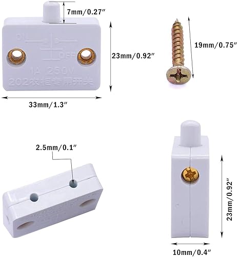 8 Pezzi Interruttore Armadio Interruttore per Porte Interruttore Luce Armadio Push Porta Interruttore Interruttore di Contatto Porta 250V 1A per Armadietti Switch(Bianco) - Honorern