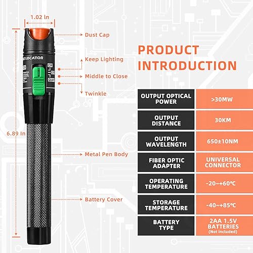 Kit di localizzazione guasti visivi da 2 pezzi 30 MW, tester per cavi in fibra ottica da 30 km per ingegneria delle telecomunicazioni CATV, tester per fibre VFL adatta interfaccia FC/SC/ST da 2,5 mm - Honorern