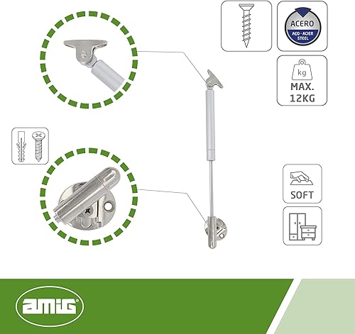 Amig - Bussola a gas per sollevare porte apribili per mobili | Mod.98 | Resistenza di carico: 12 kg | Ammortizzatore regolabile per apertura verso l'alto senza impatto | Argento - Honorern