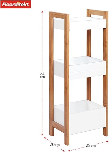 Scaffale da bagno in bambù Texas a 3 ripiani, colore bianco, moderno scaffale per bagno, bambù e effetto legno, mensola da bagno - Honorern