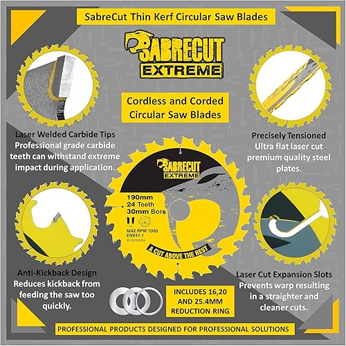 SabreCut SCCSF190CR24 - 1 Lama per sega circolare con foro per Dewalt Makita Milwaukee e molti altri, 190 mm 24T x 30 mm - Honorern