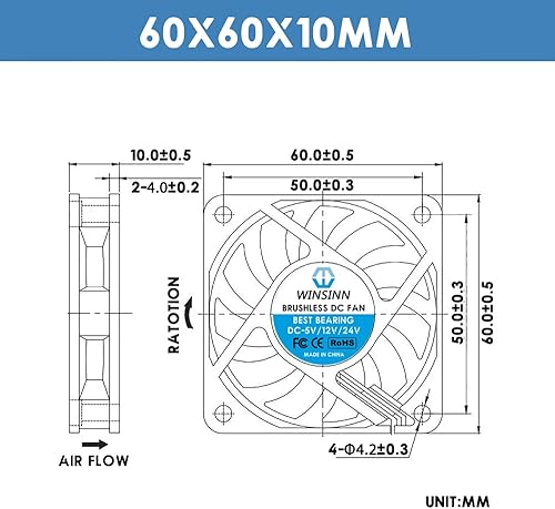 WINSINN Ventilatore 60 mm 12 V doppio cuscinetto a sfere brushless 6010 60 x 10 mm – Alta velocità (confezione da 4 pezzi) - Honorern