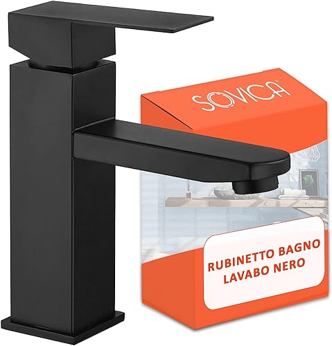 Rubinetto bagno lavabo nero acciaio inox monocomando per acqua calda e fredda con 2 tubi flessibili inclusi rubinetto nero bagno rubinetto bagno nero - Honorern
