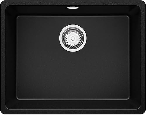 Lavello da Cucina Tutto Nero 56x44cm, Lavandino da Cucina a 1 vasca + Sifone Classico, Lavabo da Cucina Incasso al mobile 60cm - Venezia Slim Easy di Primagran - Honorern
