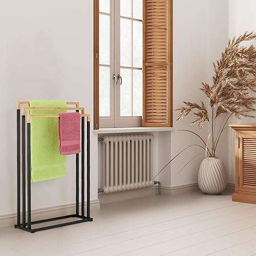 Relaxdays Piantana Portasciugamani in Bambù da Bagno 3 Bracci Appendi Asciugamani, HxLxP: 76x45x21,5 cm, Nero Naturale - Honorern