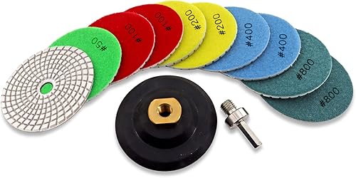 Bagnato Tamponi per Lucidatura - 10pez 100mm Set di Diamante Lucidatura Pad+1 pez di Supporto in Plastica +1 pez di M14 Adattatore con Gambo Rotondo per Pavimenti in Marmo di Granito Pietra - Honorern