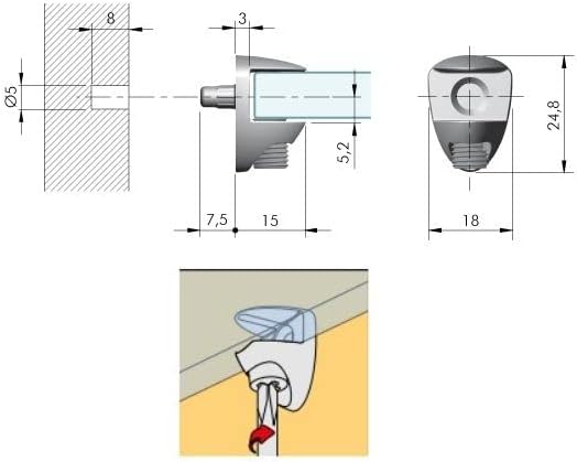 8x reggipiani perni supporto mensole 5mm acciaio con vite per spessore cristallo 8mm - 10mm staffe acciaio tasselli scaffale mobili - Honorern