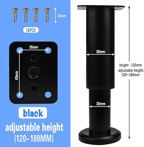 4 Pezzi Piedini per Mobili Regolabili 12-18cm, Piedi Letto per Rete a Doghe, Gambe Letto di Supporto in Metallo, Gambe Regolabili in Metallo, per Armadietto Divano Tavolo e Letto, Nero - Honorern