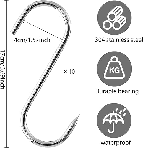 10 ganci a S in acciaio inox, a S, per macellaio, per cucina, affumicatura, lavorazione della carne, barbecue - Honorern
