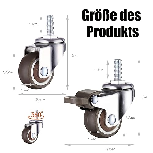 4 x Rotelle per Mobili M8, Rotelle Girevoli a 360°, Girevoli Silenziose, M8 X 20 mm, 2 x con Freno + 2 x Senza Freno, Rotelle Filettate in Gomma Antiscivolo, per Mobili da Interno ed Esterno - Honorern