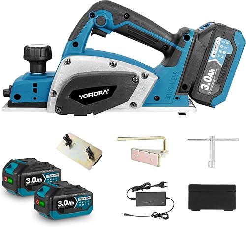 Yofidra Pialla Elettrica 650W, Pialletto Elettrico Professionale con 2 Batterie 3.0Ah, Larghezza Piallatura 82mm, Profondità 1mm, 15000 RPM, per Falegnameria, Lavorazione Legno, Fai da Te - Honorern