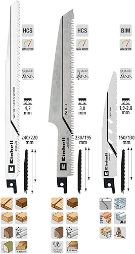 Einhell - Set di 3 lame per sega universale (per legno e metallo, accessori per seghe universali/seghe alternative, ideale per dispositivi senza fili) - Honorern