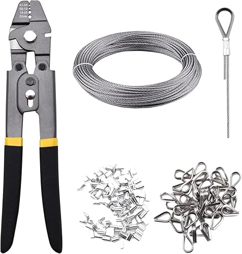 MUSLONG Set di pinze crimpatrici per funi metalliche, per fune in acciaio inox, 50 m, 1,5 mm, con 200 manicotti in alluminio e 50 pezzi, per ringhiere, decorazioni, appendere immagini - Honorern