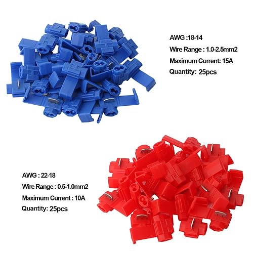 50Pcs Rapida Giunzione Cavi Connettori Set, Terminali Crimpare Isolati, Capicorda Elettrici Connettori Rapidi, Connettore Derivazione, Rubacorrente (25Pcs Rosso + 25Pcs Blu) - Honorern