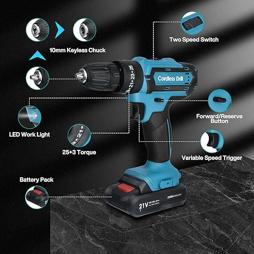 Avvitatore a batteria 21V, Trapano avvitatore elettrico con 2 2.0Ah Batteries, 28Nm Trapano a Percussione, 25+3 Coppie, LED Luce, 2 Velocità per il fai da te, in Casa e Giardino - Honorern