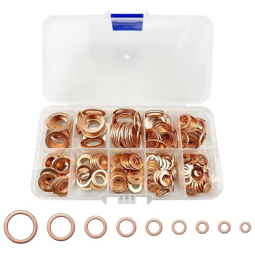 200pcs Rondella Rame Guarnizione Scarico Assortimento Kit, Rame Rondelle Metallo con Scatola, Rondelle per Gonds Porte, Guarnizione Rondella Piatta, per la sigillatura delle viti Anelli di Tenuta - Honorern