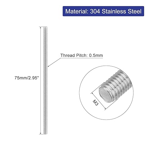 8pz Asta Filettata Intera, M3 x 75mm Acciaio Inossidabile 304 Borchie Barra Filettatura Destra M3-0.5 Filo di Pece per Assemblaggio Mobili Macchinari - Honorern