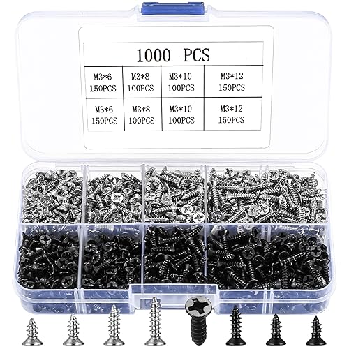 Viti per Legno, 1000 Pz M3 Viti Autofilettanti, Viti a Testa Svasata a Filettatura Grossa, Viti a Testa Piatta Croce, Viti Autoperforanti per Legno Riparazione - M3x (6/8/10/12 mm) - Honorern