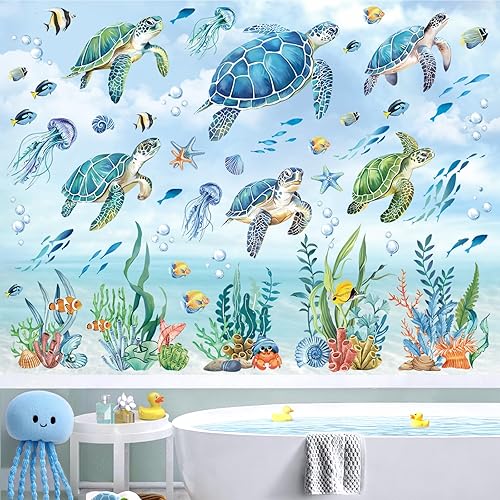 Adesivi per Finestra Sotto il Mare Tartaruga Decalcomanie per Finestre Non Adesiva Vetro Pellicola Oceaniche Pesci Marina Alghe Adesivi Anti-Collisione Finestra Vetro Porte Bagno - Honorern