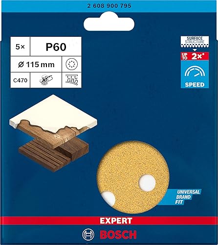 Bosch Professional 5x Carte Abrasive Expert C470 con 8 Fori per Legno Duro, Vernice su Legno, Ø 115 mm, Grana 320, Accessorio Levigatrice Rotoorbitale - Honorern