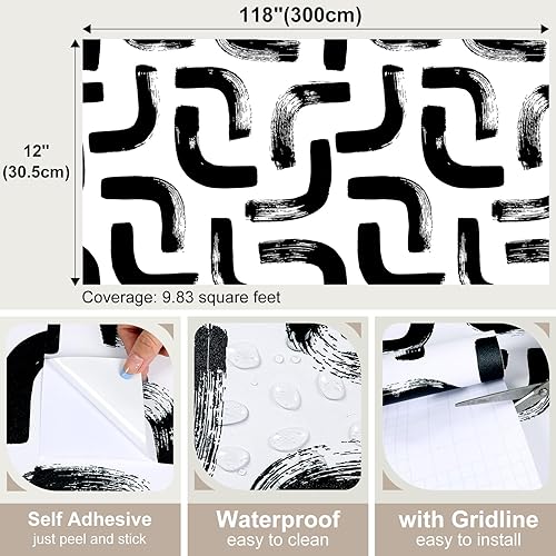 VaryFloral Carta da parati bianca e nera con pellicola adesiva e pellicola adesiva 30,5 cm x 300 cm, carta da parati astratta, acquerello bianco geometrico nero carta da parati adesiva in vinile - Honorern